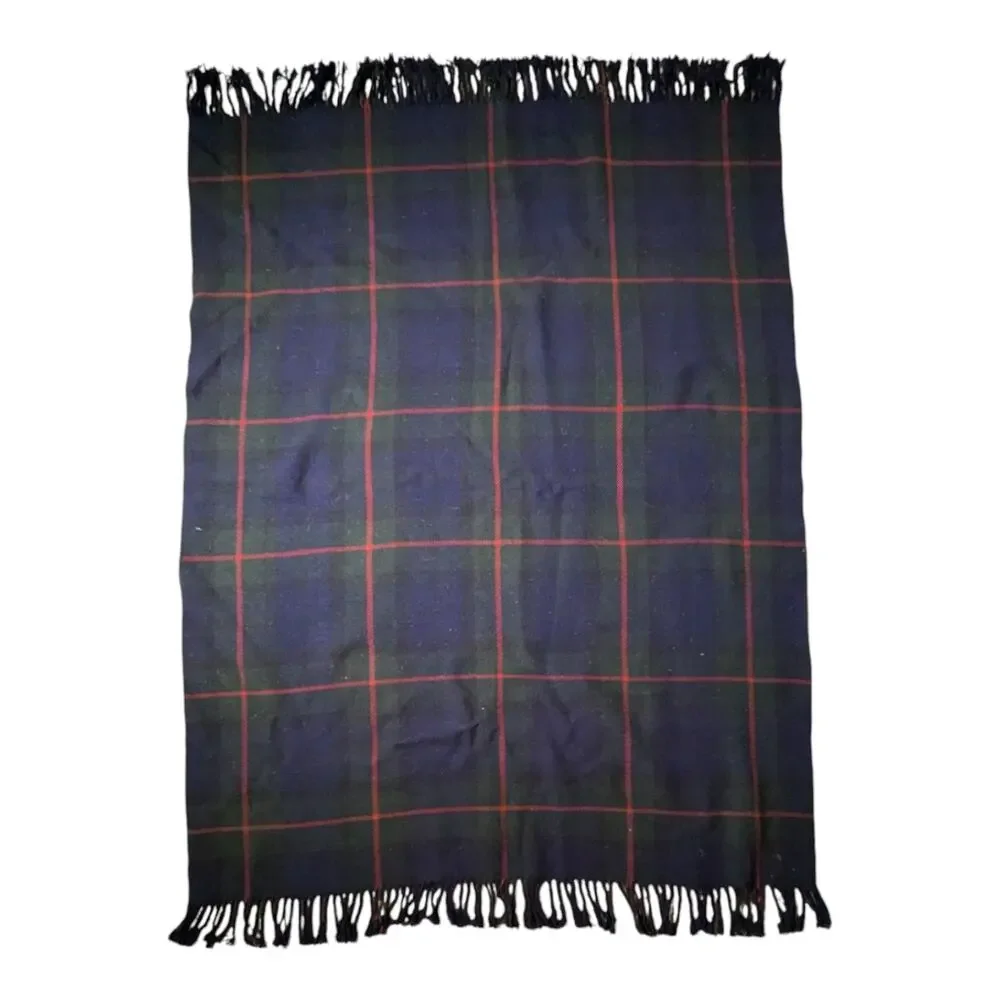 Vtg 1970s Blue Black Watch Tartan Plaid Wool Fringe Trim Throw Blanket 73 x 54